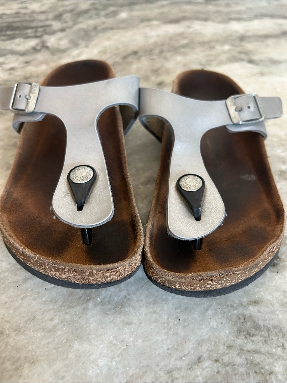 Birkenstock Silver Leather Thong Sandals with Cork Footbed size 13